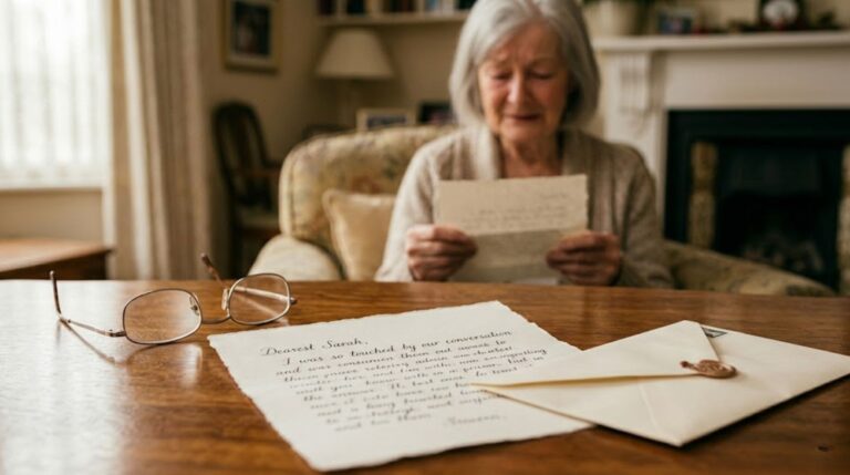Handgeschreven brief op tafel met bril terwijl opa of oma deze ontroerd leest
