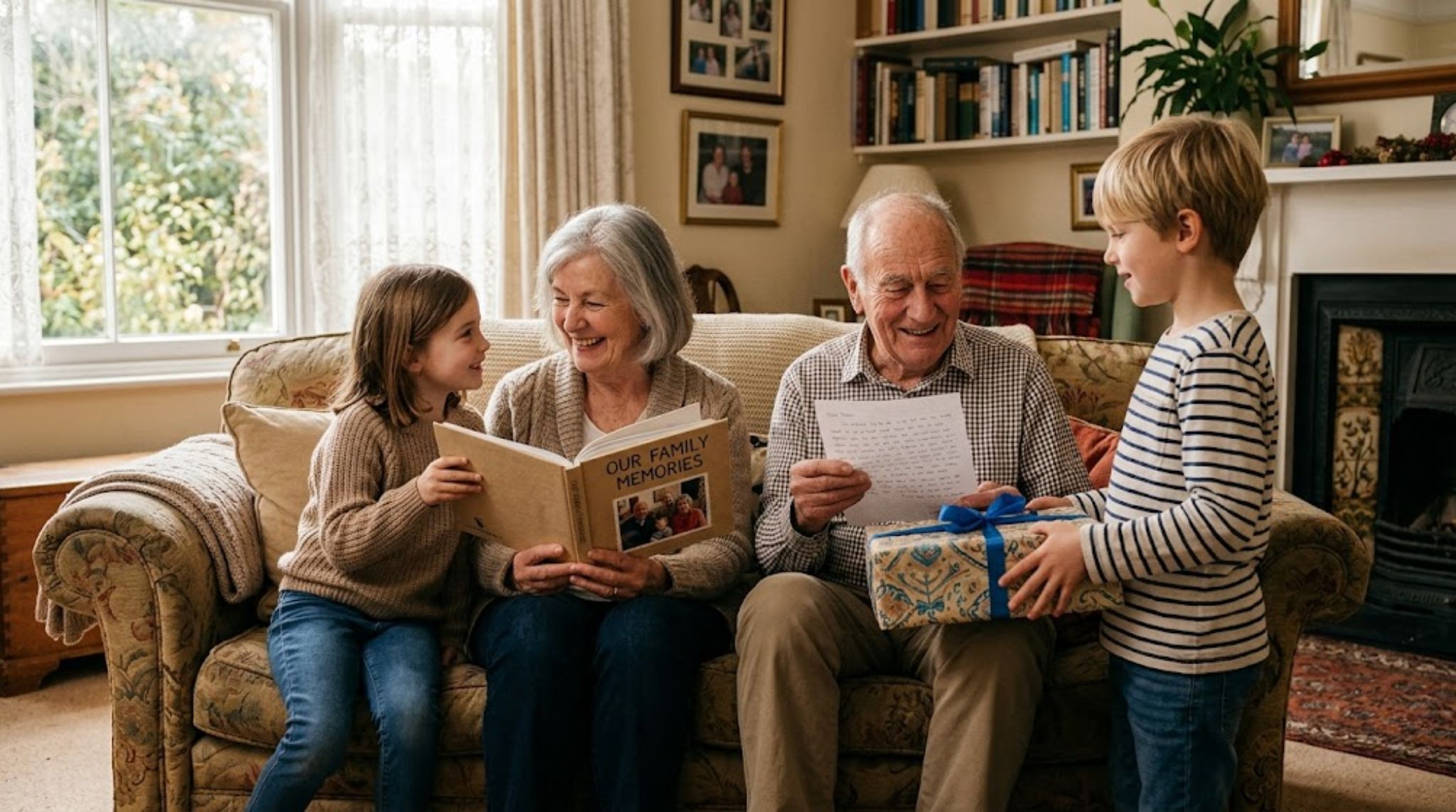 Opa en oma ontvangen betekenisvolle cadeaus van kleinkinderen in een warme familiekamer