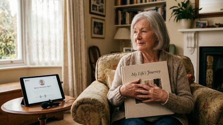 Oudere persoon leest een persoonlijk levensverhaal boek als emotioneel cadeau